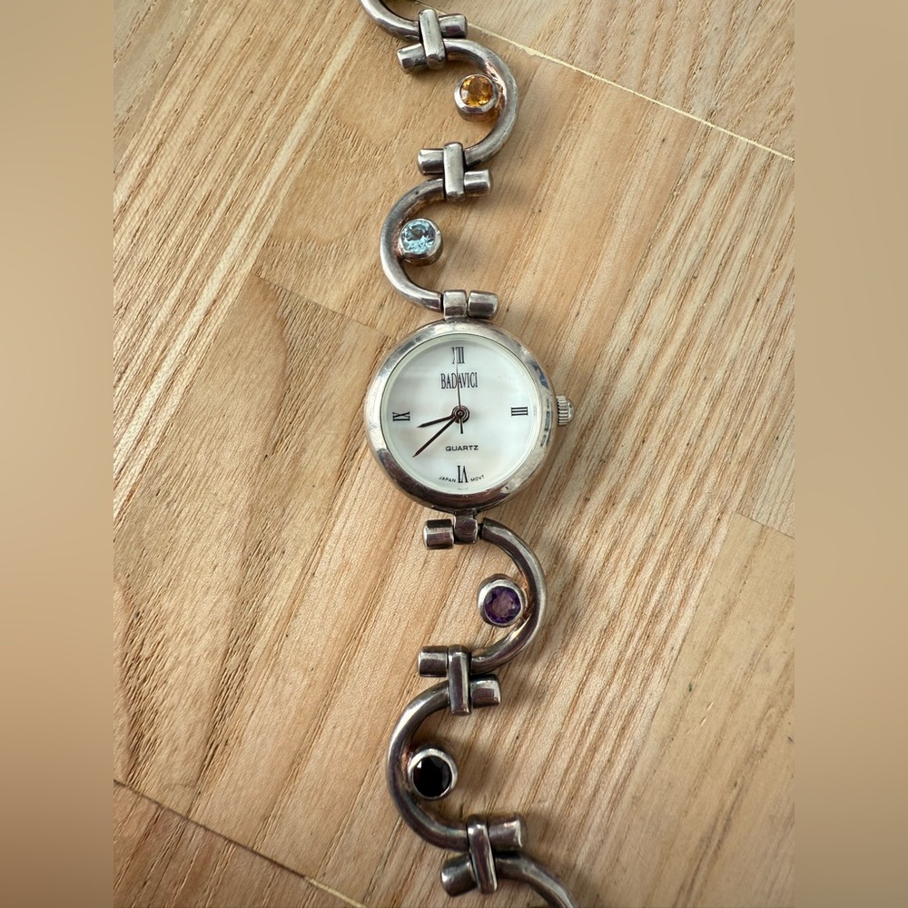 Badavici ladies 925 Sterling silver bracelet multi-color stone watch NEW BATTERY